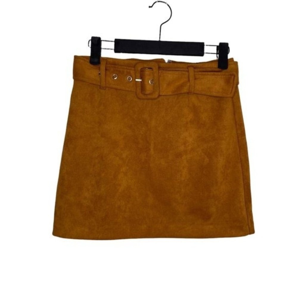 Forever 21 Faux Suede Belted Mini Skirt Camel Brown Size Small A-Line High Waist